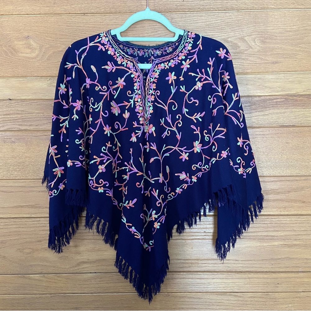 Vintage 70s navy floral embroidered fringe trim poncho